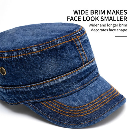 Vintage Washed Cotton Denim Flat Top Military Baseball Cap