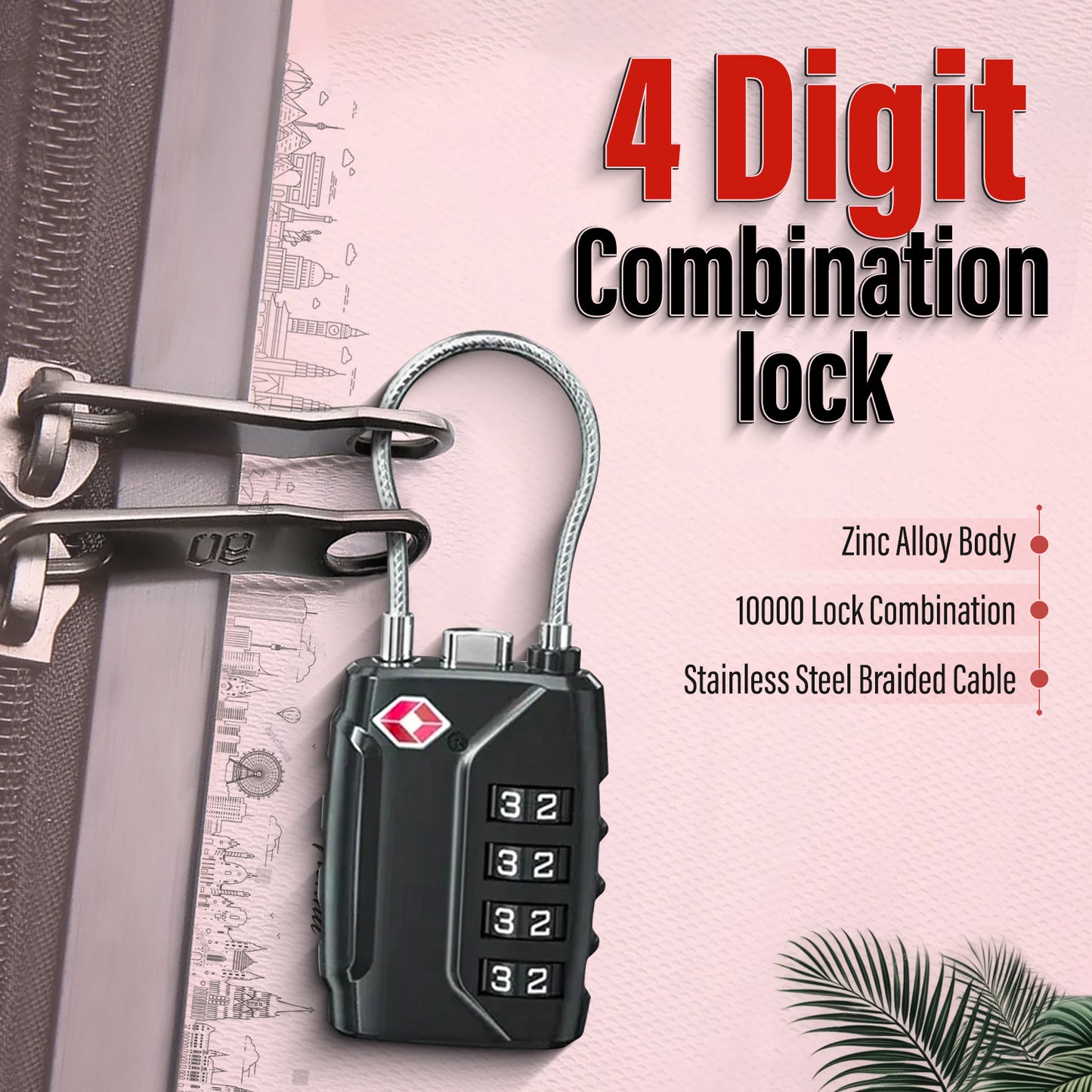 4 Digit Combination TSA Customs Lock for Luggage & Bags