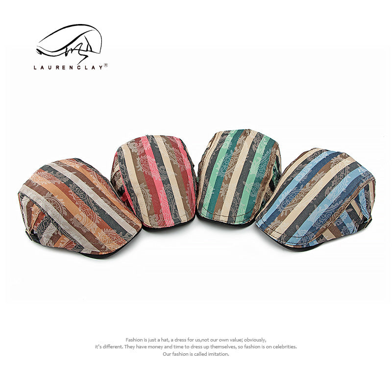 Striped Cotton Fabrics Retro Beret Painter Cap
