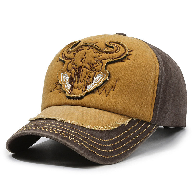 Color-blocked retro washed denim distressed basball cap