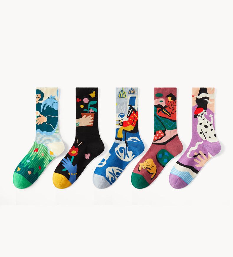 5 Pair set cartoon color trend all season socks for men & women