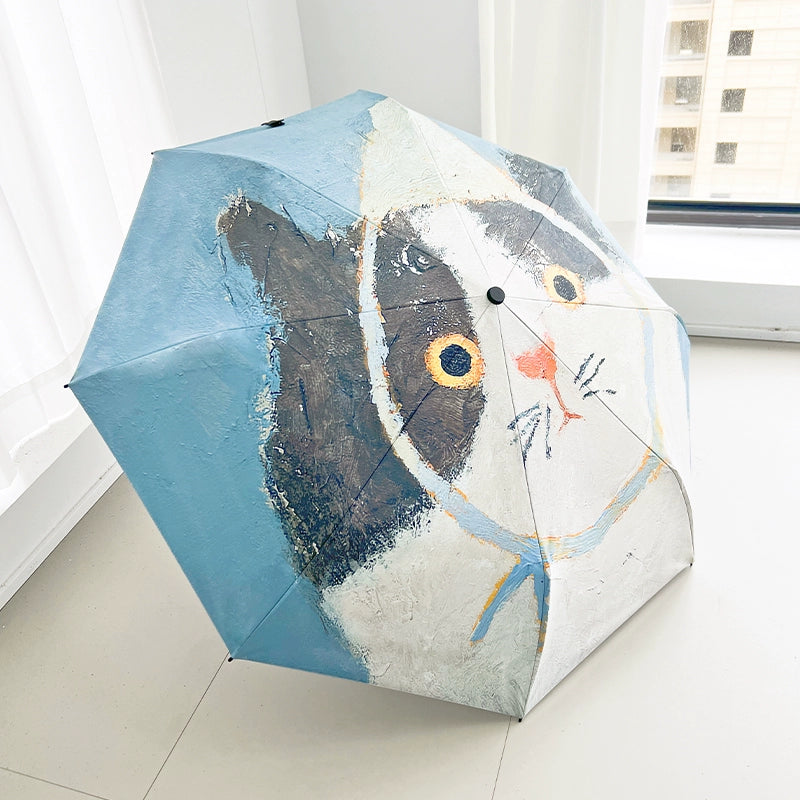 Oil painting cat folding umbrella automatic and hand open
