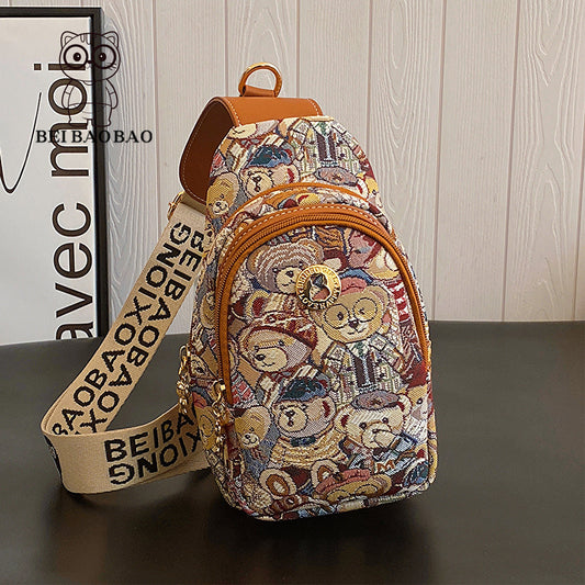 Cartoon Bear Canvas Chest Bag for Women - Fuchsia Style