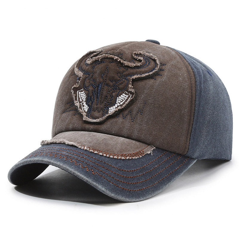 Color-blocked retro washed denim distressed basball cap