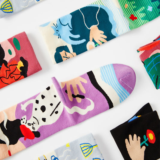 5 Pair set cartoon color trend all season socks for men & women