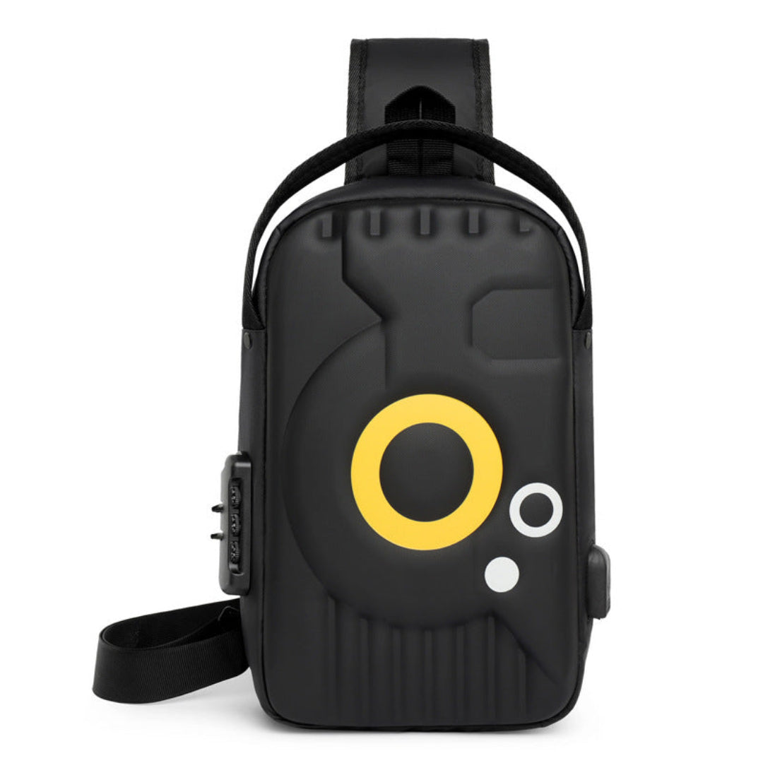 Black crossbody bag with a yellow circular design on a white background