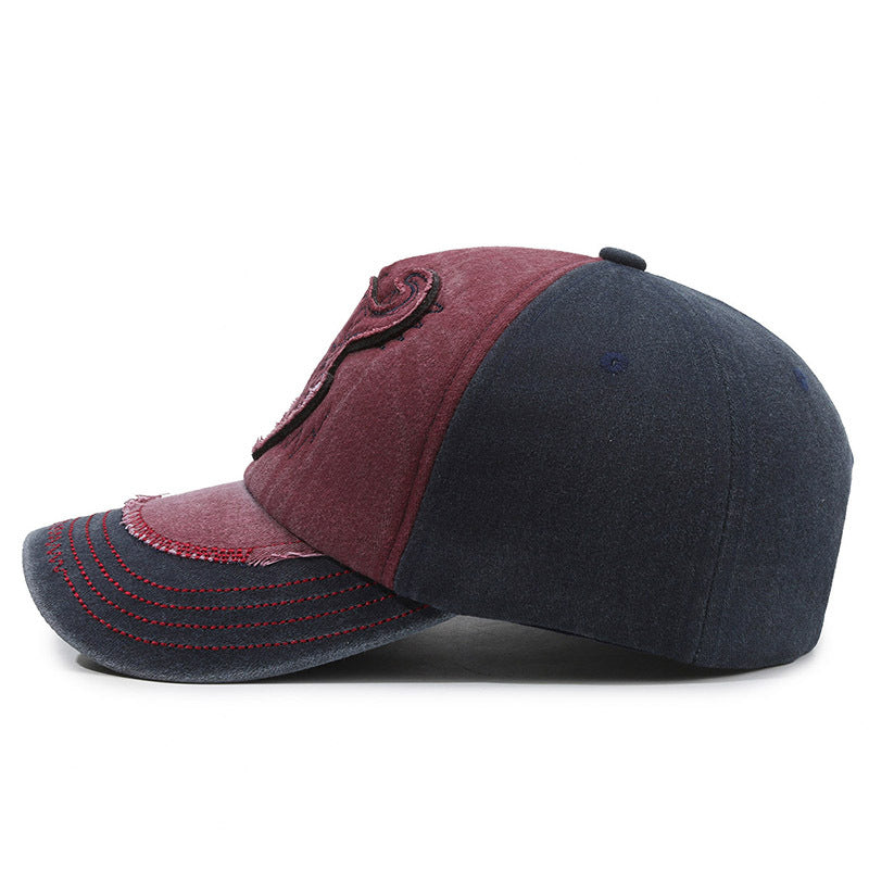 Color-blocked retro washed denim distressed basball cap
