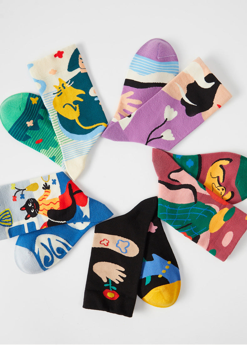 5 Pair set cartoon color trend all season socks for men & women