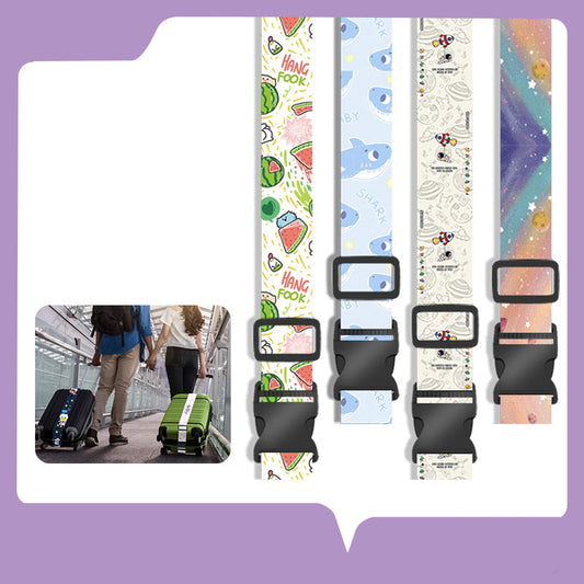 Colorful luggage straps with cartoon designs and text on a purple 
background