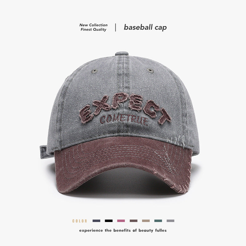 Letter patch embroidery color blocking washed soft top baseball cap