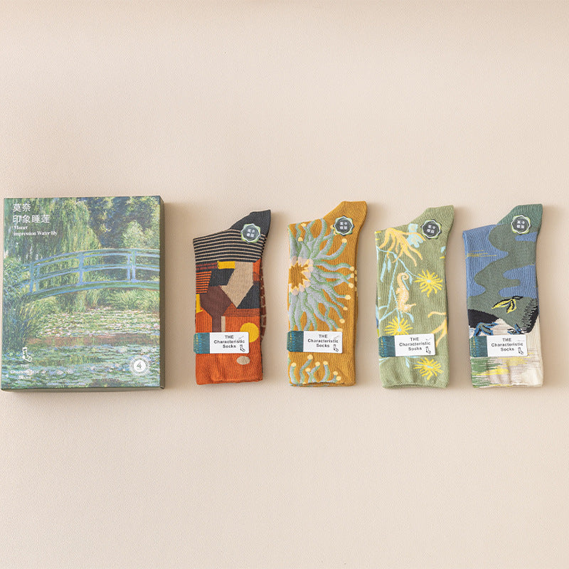 Oil Painting Cotton Socks , 4pcs Gift Box
