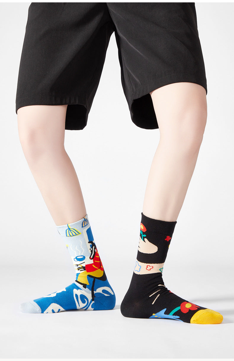 5 Pair set cartoon color trend all season socks for men & women