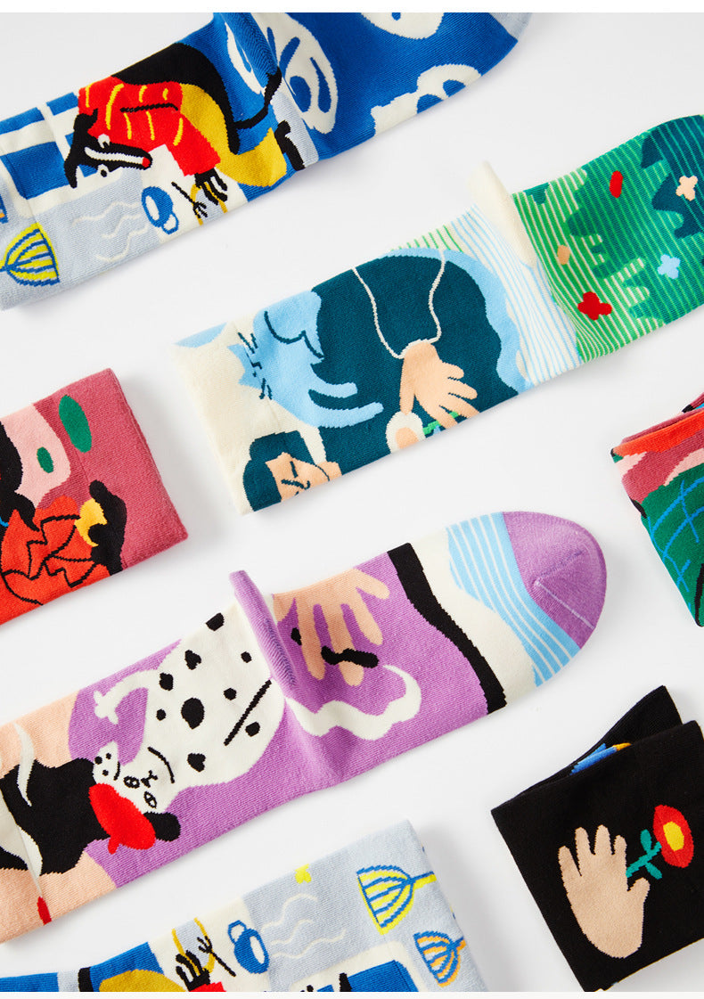 5 Pair set cartoon color trend all season socks for men & women