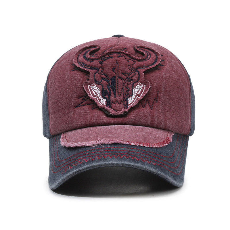 Color-blocked retro washed denim distressed basball cap
