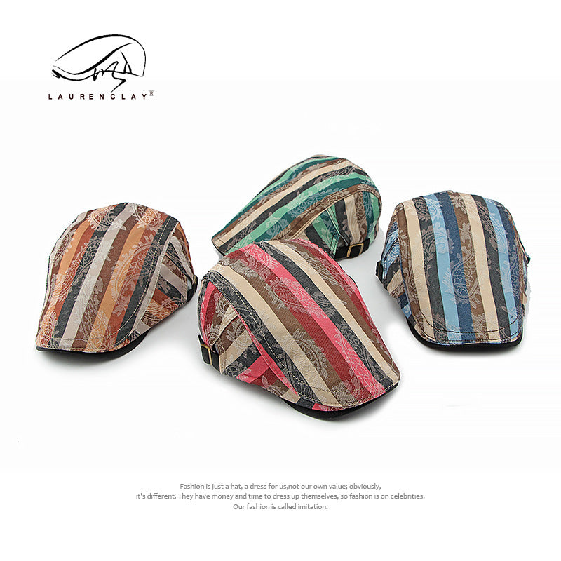 Striped Cotton Fabrics Retro Beret Painter Cap