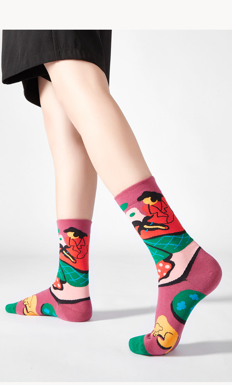 5 Pair set cartoon color trend all season socks for men & women