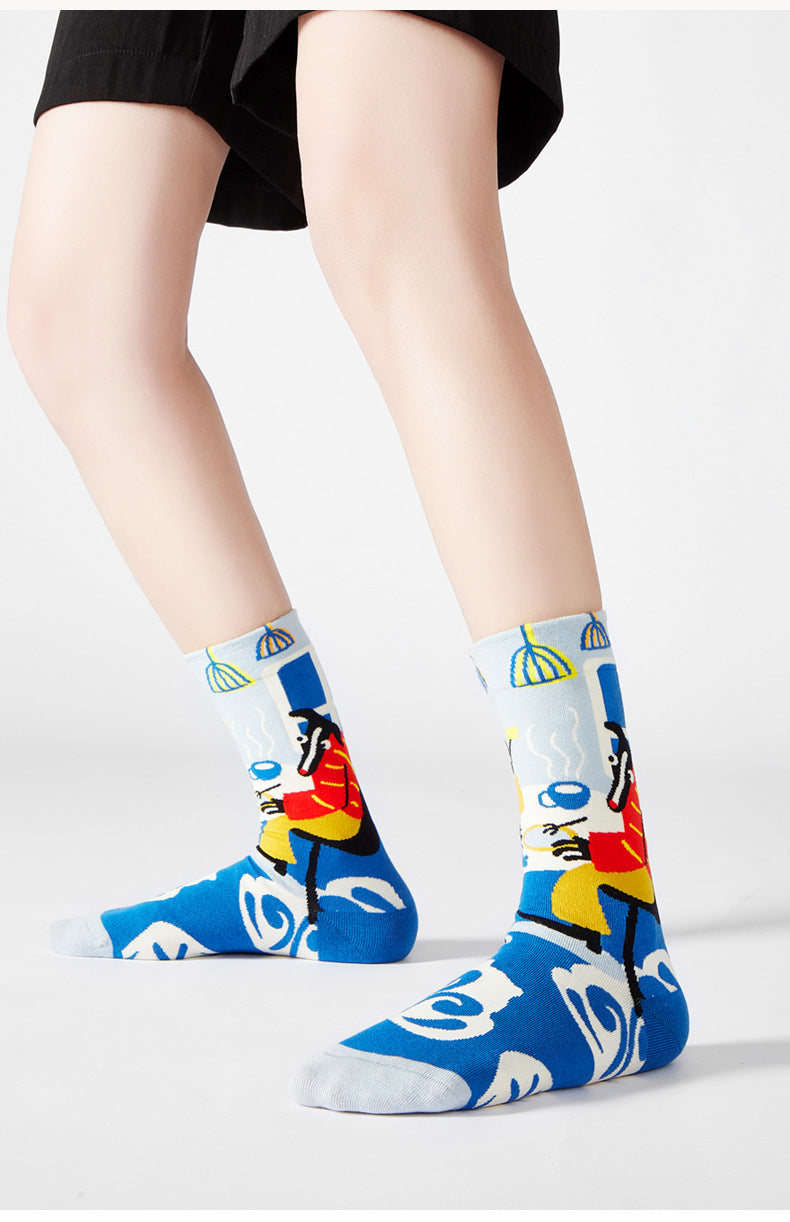 5 Pair set cartoon color trend all season socks for men & women