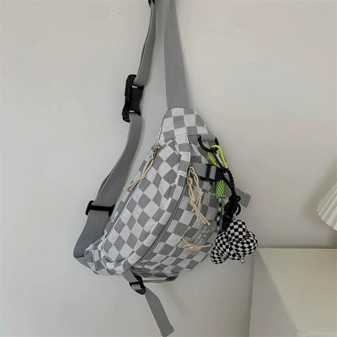 Checkerboard plaid retro crossbody bag with adjustable shoulder strap and free pendant