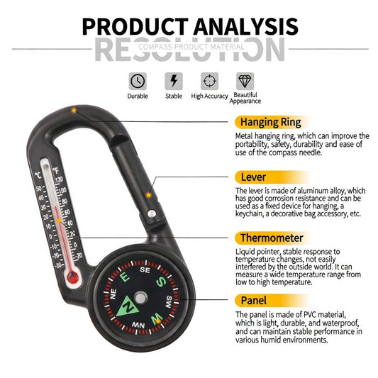 Multi-Function Zinc Alloy Outdoor Compass Carabiner with Integrated Thermometer