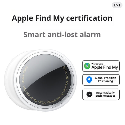 An Apple Find My Certification smart anti-loss alarm device with features listed such as global positioning and automatic push messages.