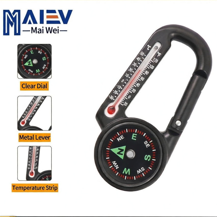 Multi-Function Zinc Alloy Outdoor Compass Carabiner with Integrated Thermometer