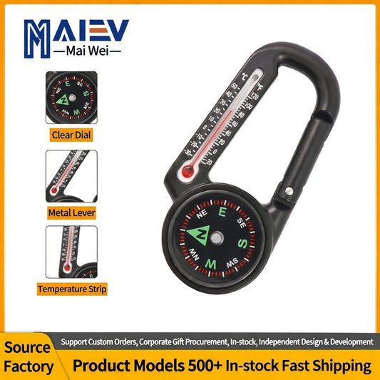 Multi-Function Zinc Alloy Outdoor Compass Carabiner with Integrated Thermometer