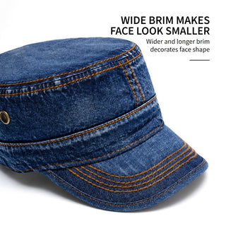 Vintage Washed Cotton Denim Flat Top Military Baseball Cap