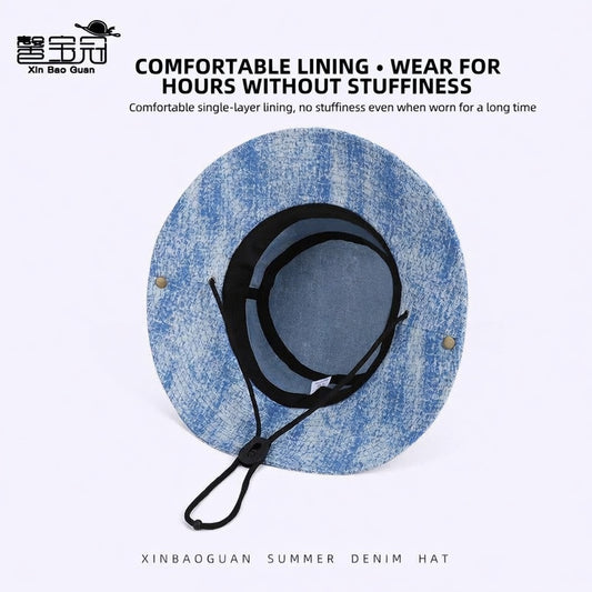 Unisex Washed Denim Outdoor Sun Protection Wide Brim Bucket Hat