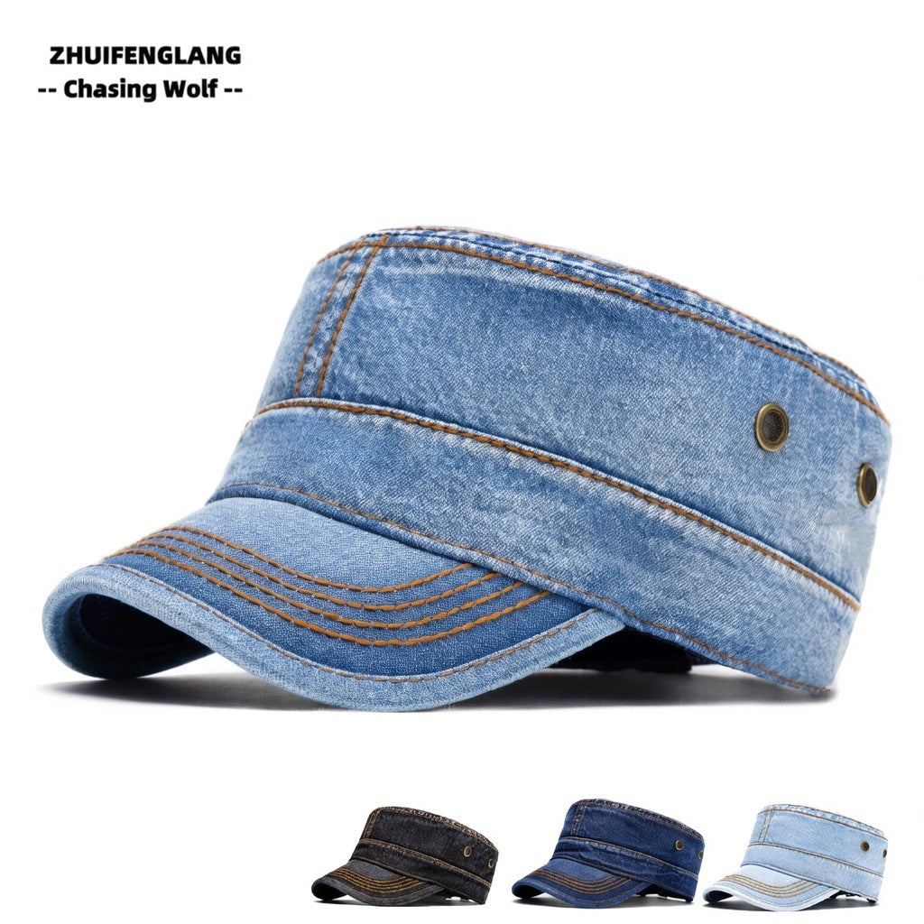 Vintage Washed Cotton Denim Flat Top Military Baseball Cap