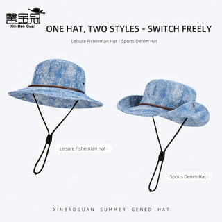 Unisex Washed Denim Outdoor Sun Protection Wide Brim Bucket Hat