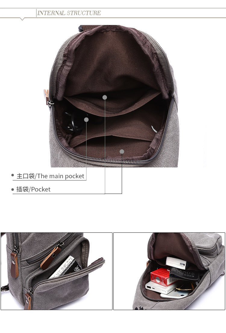 Gray backpack with open compartments showing its interior structure.