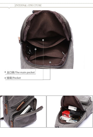 Gray backpack with open compartments showing its interior structure.