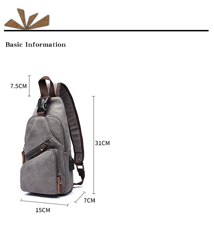 Gray backpack with dimensions on a white background