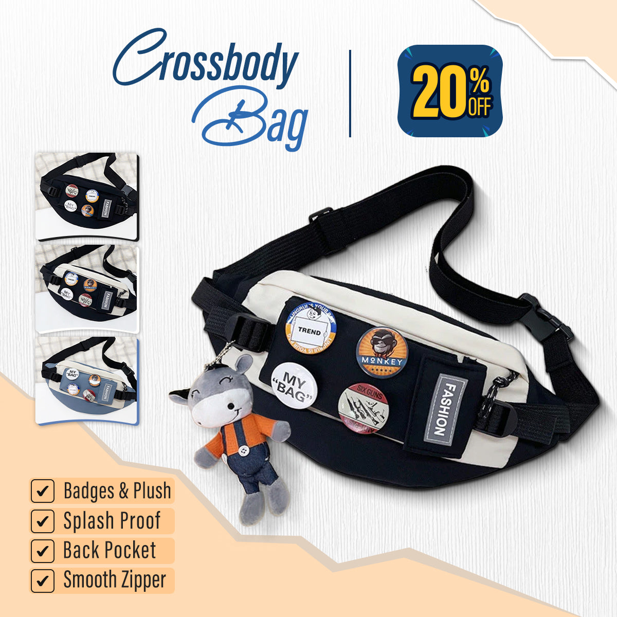 Stylish Crossbody Messenger Chest Bag with Badges & Plush