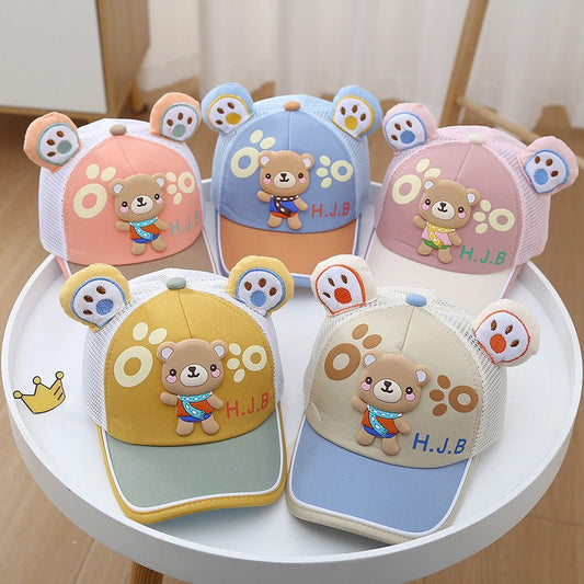 ছেলে এবং মেয়েদের জন্য শ্বাস-প্রশ্বাসযোগ্য রিয়ার মেশ ক্যাপ সহ বিয়ার কিউট গ্রীষ্মকালীন টুপি