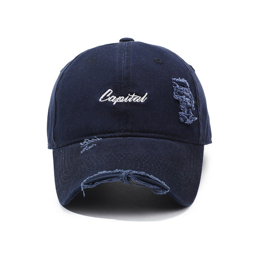 Outdoor Lettered Embroidery Soft Top Ripped Vintage Cap