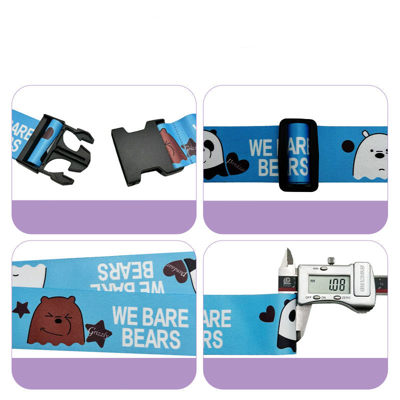 Product packaging with 'We Bare Bears' branding, showing a strap with bear illustrations and measurement details.