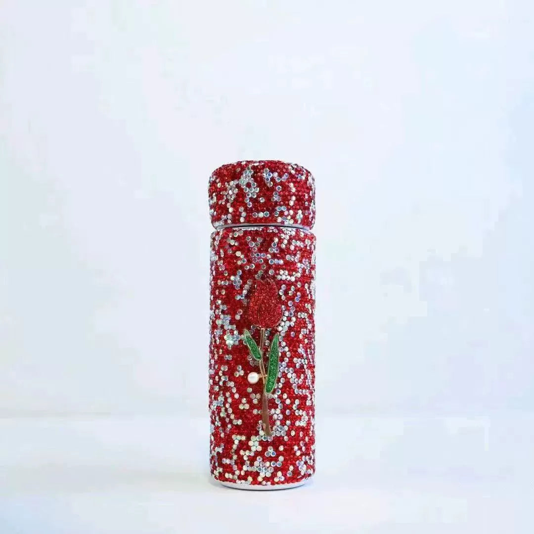 Diamond-encrusted tulip small portable food grade stainless steel water bottle