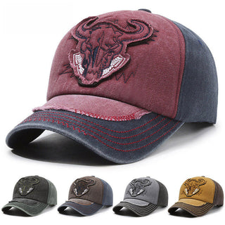 Color-blocked retro washed denim distressed basball cap