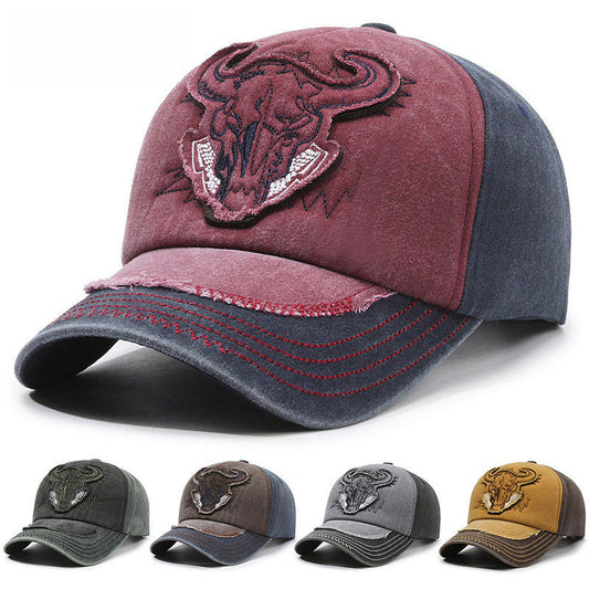 Color-blocked retro washed denim distressed basball cap