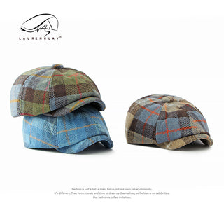 Octagonal British Vintage Wool Tweed Berets Checkered Newsboy Caps