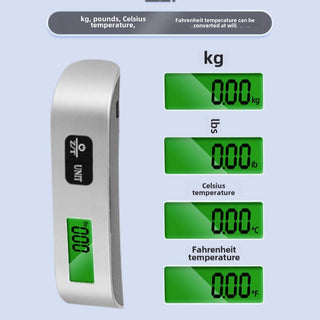 A portable electronic luggage scale with a digital display showing kg, pounds, Celsius temperature, and Fahrenheit temperature.