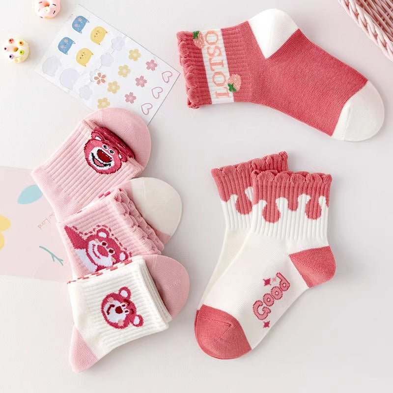 All Seasons Pink Strawberry Bear Design Cotton Winter Socks For Children