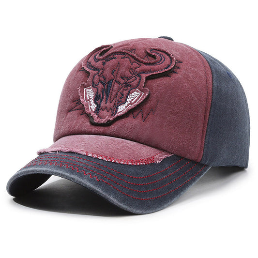 Color-blocked retro washed denim distressed basball cap