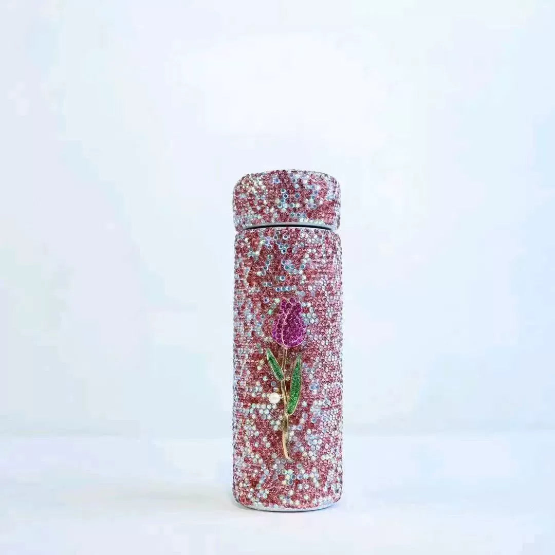 Diamond-encrusted tulip small portable food grade stainless steel water bottle