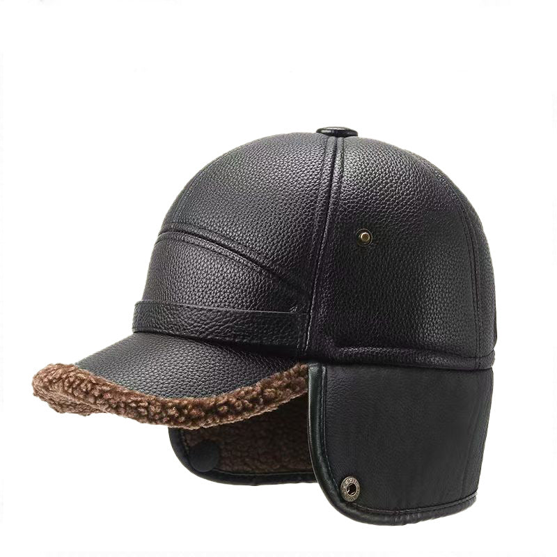 Men's Cotton pile warm woolen thick ear protection leather hat