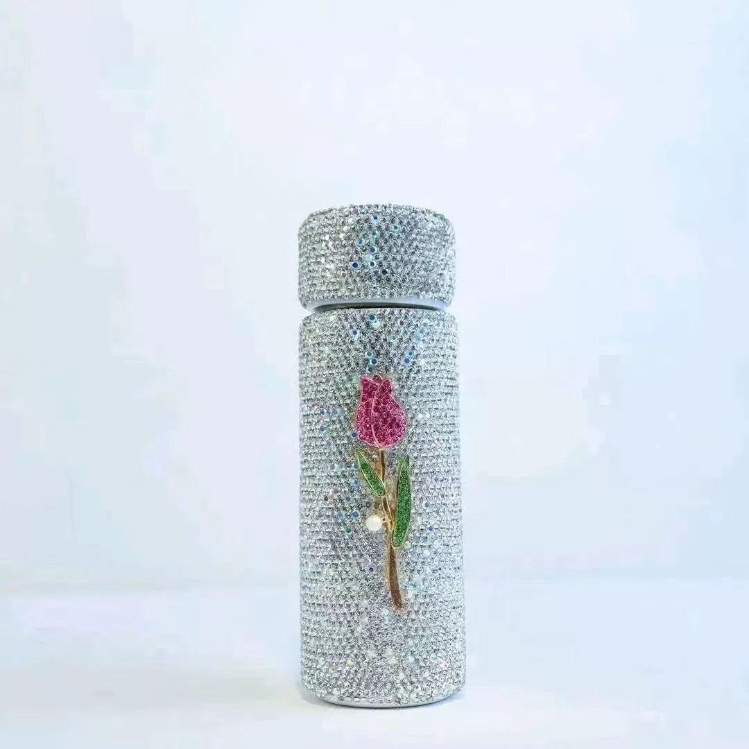 Diamond-encrusted tulip small portable food grade stainless steel water bottle