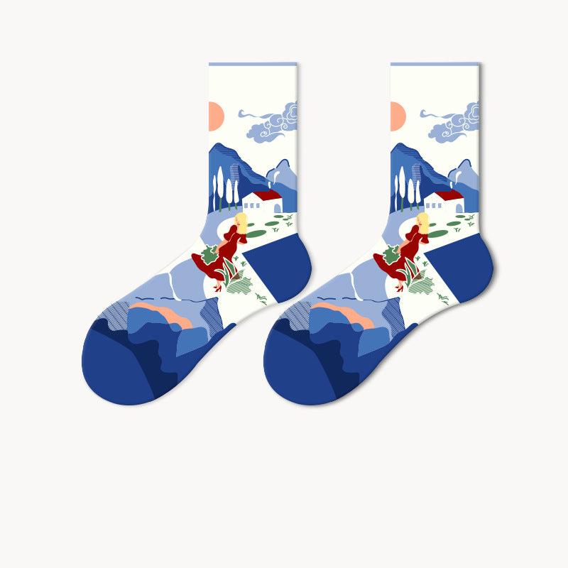Men's and women's long oil painting socks